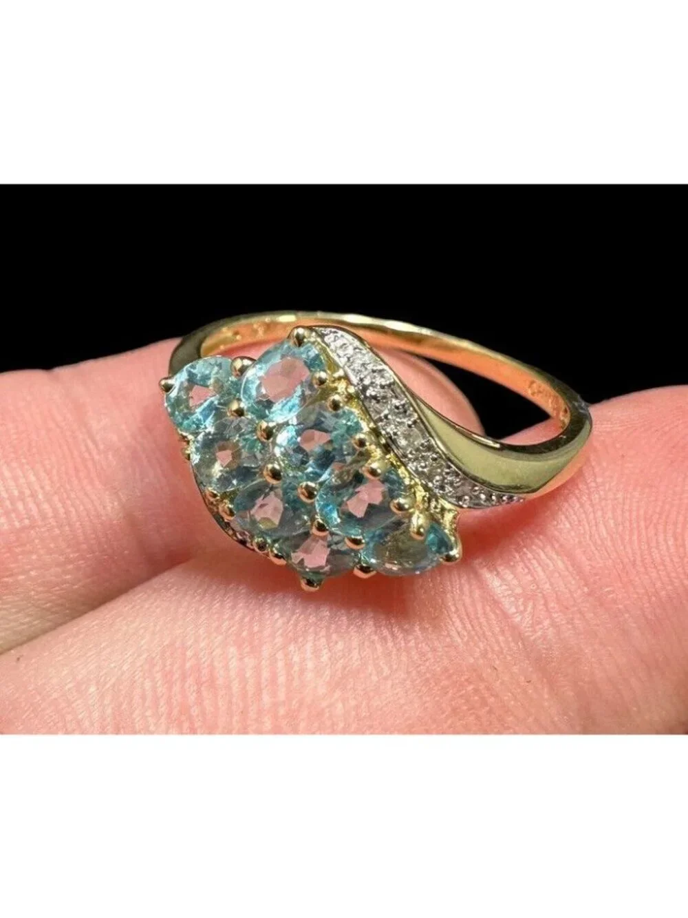 Michelle Albala 14k Ring Pronged Sky Blue Topaz And Pave Diamond Size 10 Signed